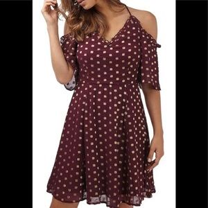 NWOT Topshop Off Shoulder Burgundy Gold Polka Dot Glam Mini Dress Sz 6